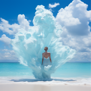 Woman in blue surreal dress that blown up by wind