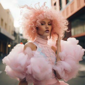 Woman in pink fluffy dress cotton candy inspired