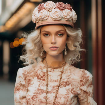 Woman in fashionable hat and dress, sweety style