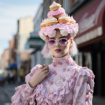 Woman in fashionable hat and dress, sweety style