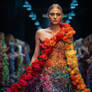 Woman in rainbow dress made of roses. Fashion show