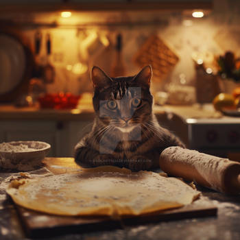 Anthro cat is cooking pancakes in a kitchen