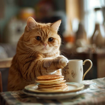 Anthro cat at a table with pancakes