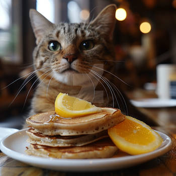 Cat at a table with pancakes