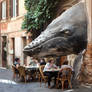 3D whale head. Decoration of summer cafe on street