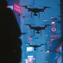 Person walking night streets. Drones flying above
