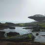 UFO landed in mossy rocky place in the mist