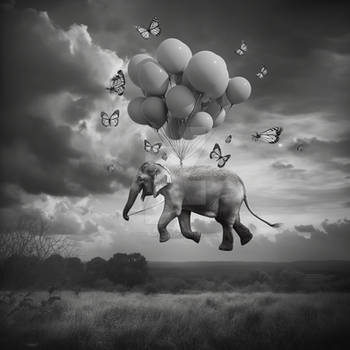 Butterflies and balloons lifting up an elephant