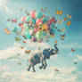 Butterflies and balloons lifting up an elephant