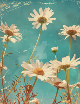 Vintage photo of daisies on blue sky background