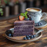 Lavender cake with blueberries and cup of coffee