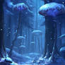 Magical glowing giant mushrooms in snowy forest