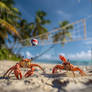 Crabs playing volleyball on sandy beach