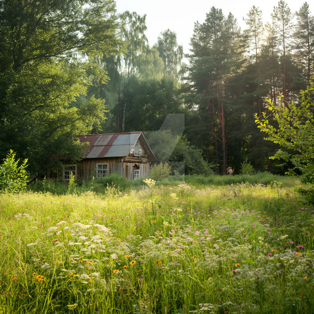 Wooden houses in green forest, in summer