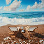 Coffee beans beach and sun loungers. By sea shore