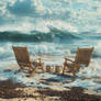 Coffee beans beach and sun loungers. By sea shore