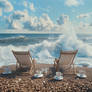 Coffee beans beach and sun loungers. By sea shore