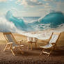 Coffee beans beach and sun loungers. By sea shore