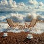Coffee beans beach and sun loungers. By sea shore