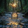 Alarm clock floating in creek in summer forest