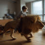 Boy riding lion inside living room