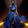 Model woman in cosmic fantastic blue dress
