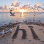 Word Hi written on sandy coast