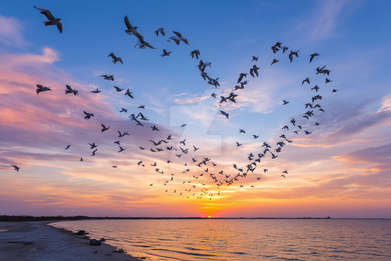 Flock of birds in shape of heart, flying over sea