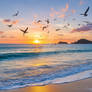Seagulls fly over sea at colourful sunrise