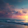 Seagulls fly over sea at colourful sunrise