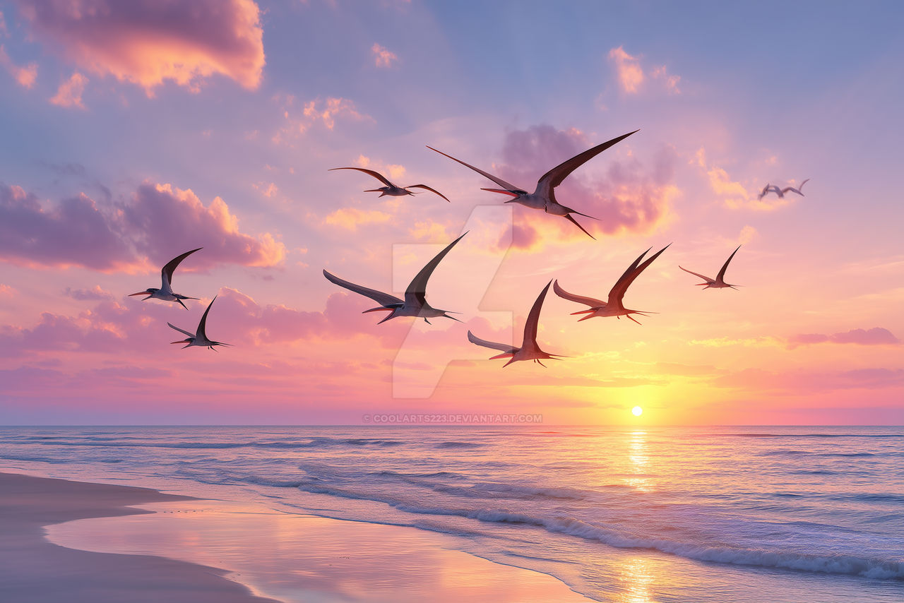Pterodactyls or frigates birds fly over sea