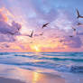 Pterodactyls or frigates birds fly over sea