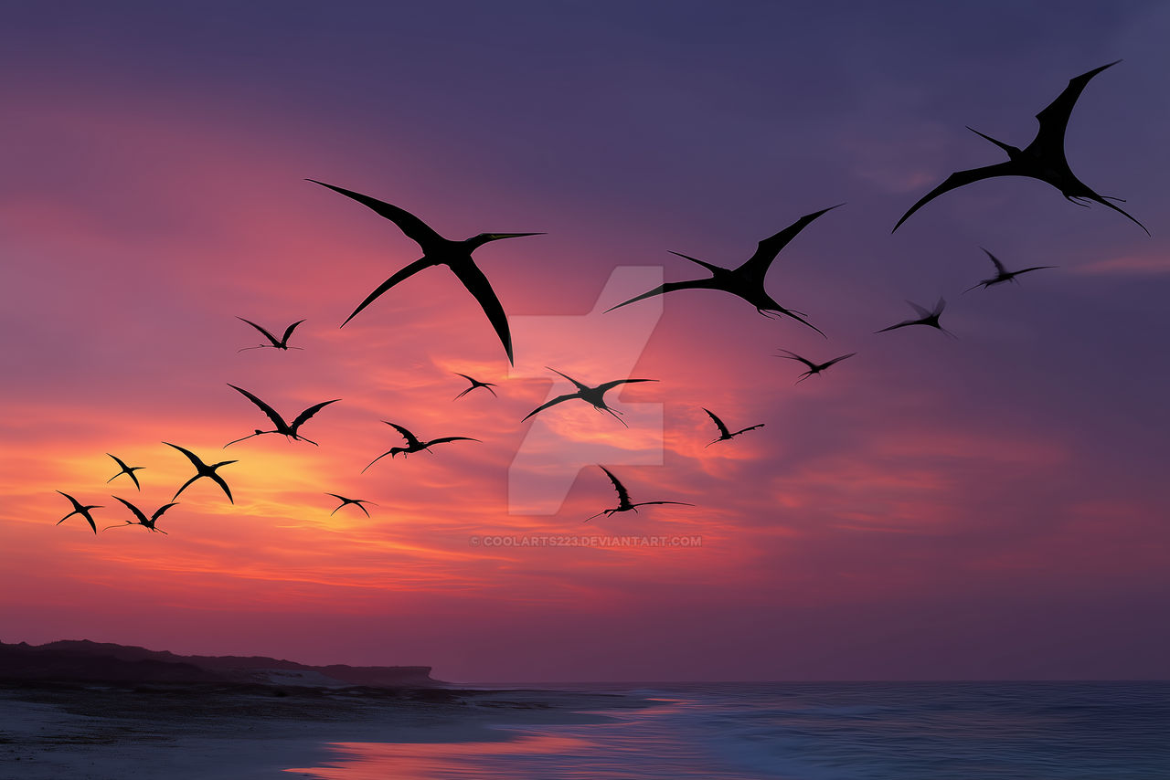 Pterodactyls or frigates birds fly over sea