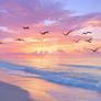 Pterodactyls or frigates birds fly over sea