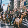People ride dinosaurs on city's street. Ai image