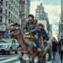 People ride dinosaurs on city's street. Ai image