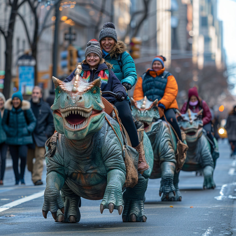 People ride dinosaurs on city's street. Ai image