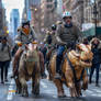 People ride dinosaurs on city's street. Ai image