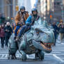 People ride dinosaurs on city's street. Ai image