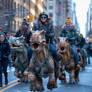 People ride dinosaurs on city's street. Ai image