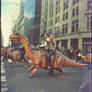 People ride dinosaurs on city's street. Ai image
