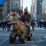 People ride dinosaurs on city's street. Ai image