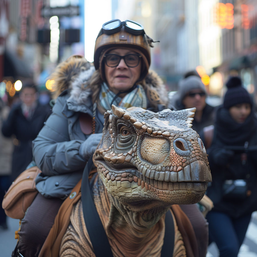 People ride dinosaurs on city's street. Ai image