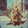 People ride dinosaurs on city's street. Ai image