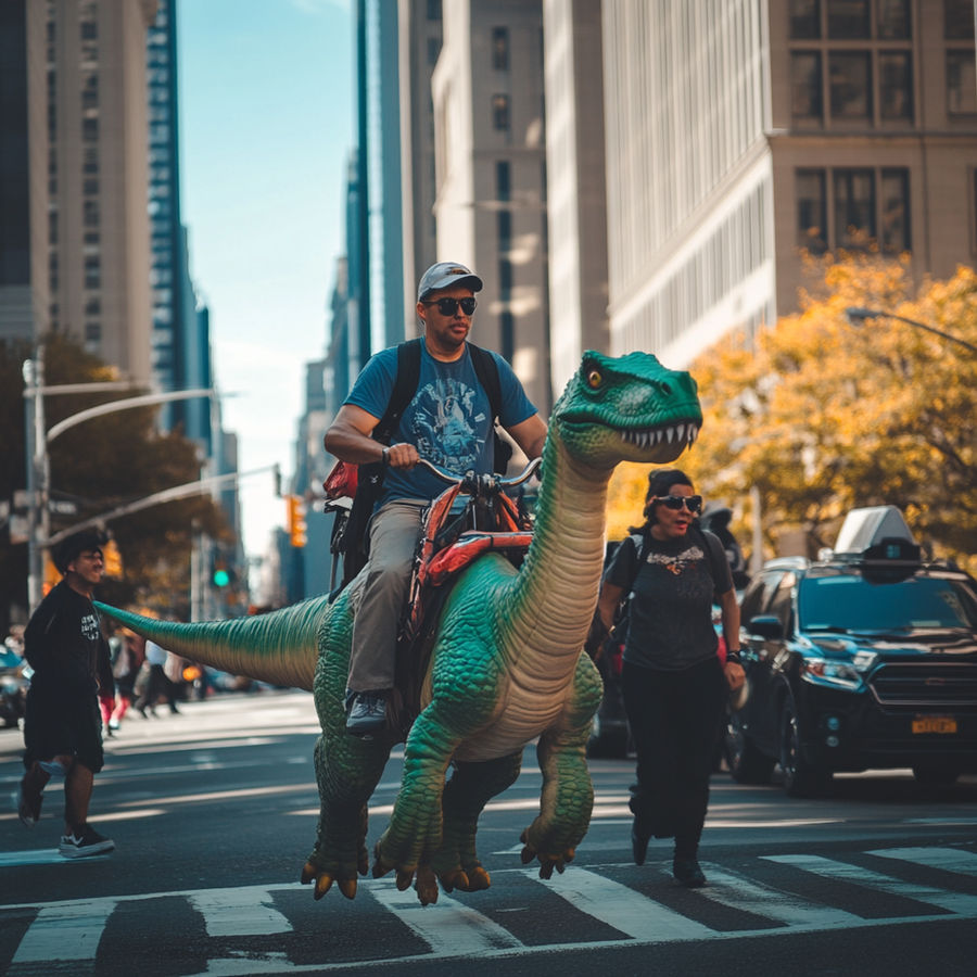 People ride dinosaurs on city's street. Ai image
