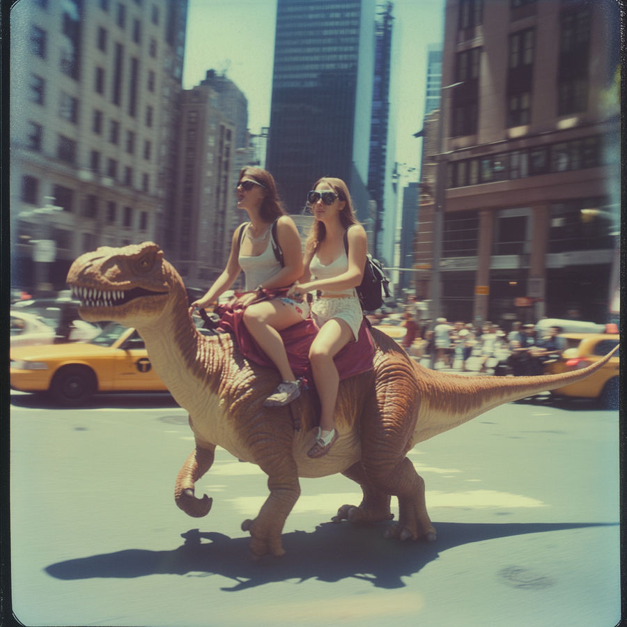 People ride dinosaurs on city's street. Ai image