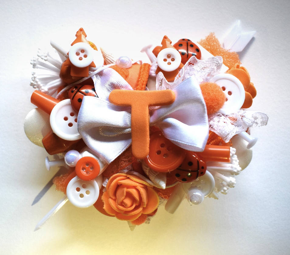 White And Orange heart ''T'' initial brooch by RibbonsandClay