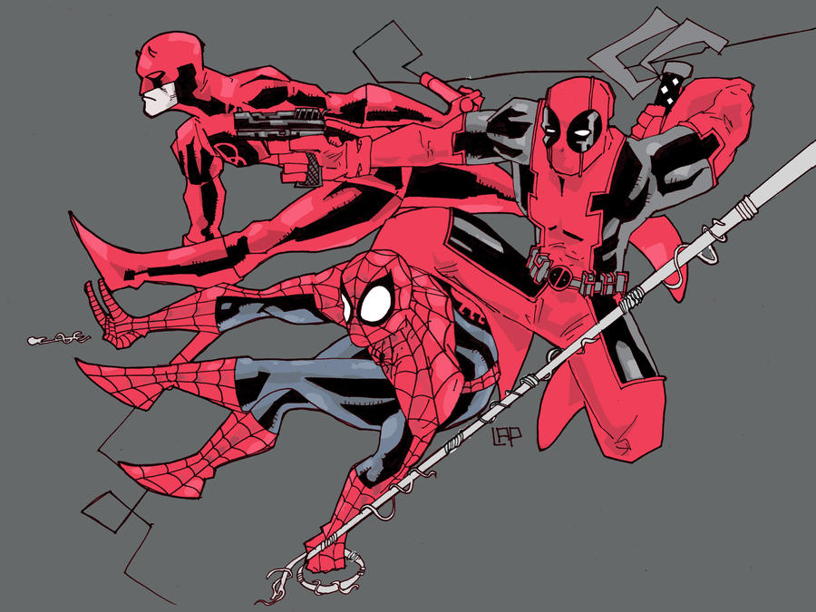 Красное трио. Сорвиголова Дэдпул и человек паук. Дардевил человек паук Дэдпул. Team Red Марвел. Дэдпул Сорвиголова и человек паук комикс.