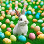 Cute Bunny On A Green Field With Many Coloured Eas