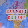 Colorful letters writing GRAPHIC DESIGN, world map